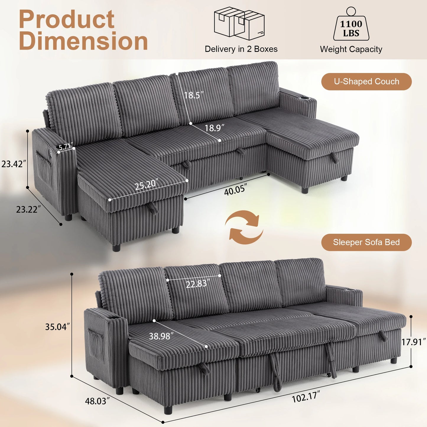 102" Plush Corduroy Sleeper Sofa Bed with Storage Chaise Sectional Couch,Pull Out U Shaped Bed with USB Ports for Living Room