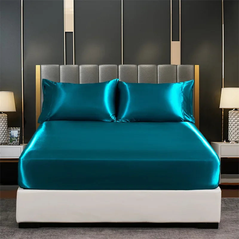Summer Luxury Satin Silk-like Bed Sheet Set (Flat Sheet/Fitted Sheet + Pillowcase) Solid Color Mattress Cover Twin Full Queen