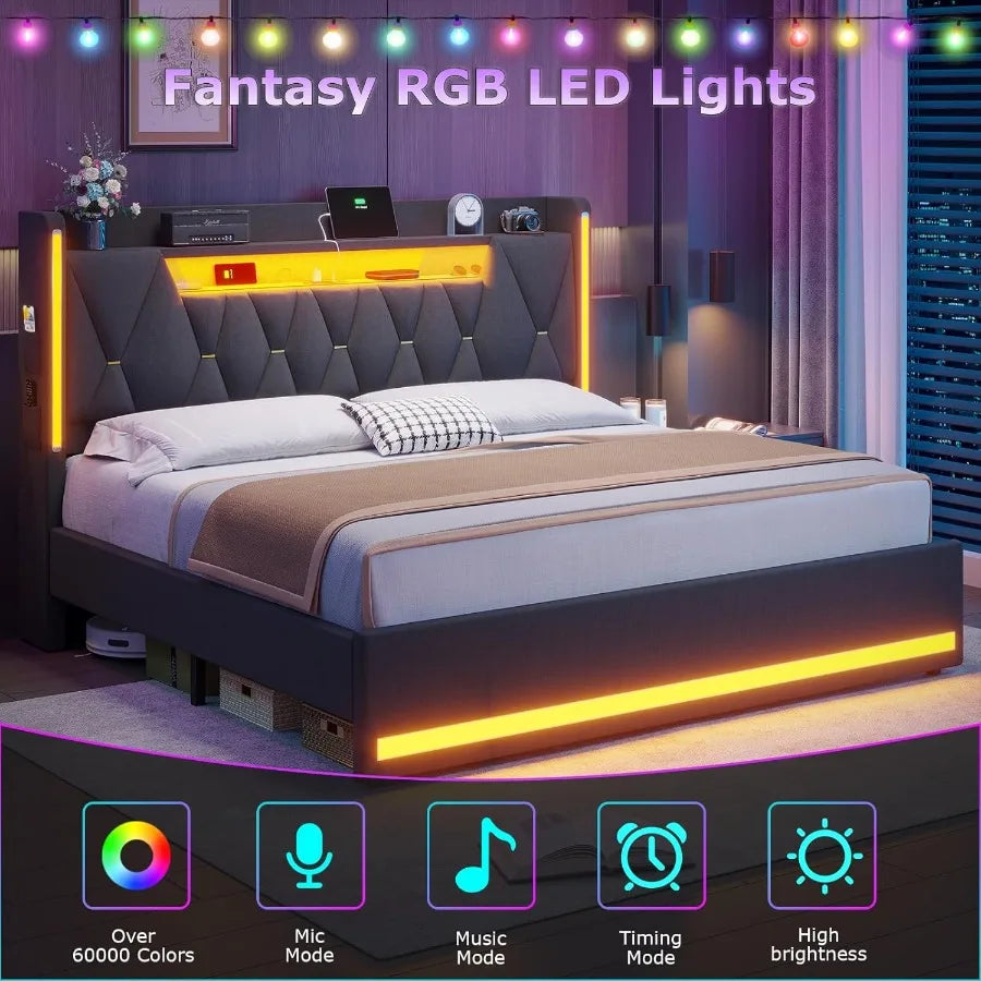 King Size Bed Frame with LED Lights and Charging Station for Modern Bedrooms Hidden Storage Space and 2Tier Shelves Upholstered