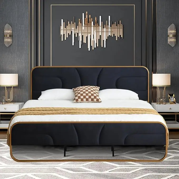 King Size Velvet Upholstered Platform Bed with Headboard,Modern Rounded MetalDesign upported by Metal Base and Wooden,Customized