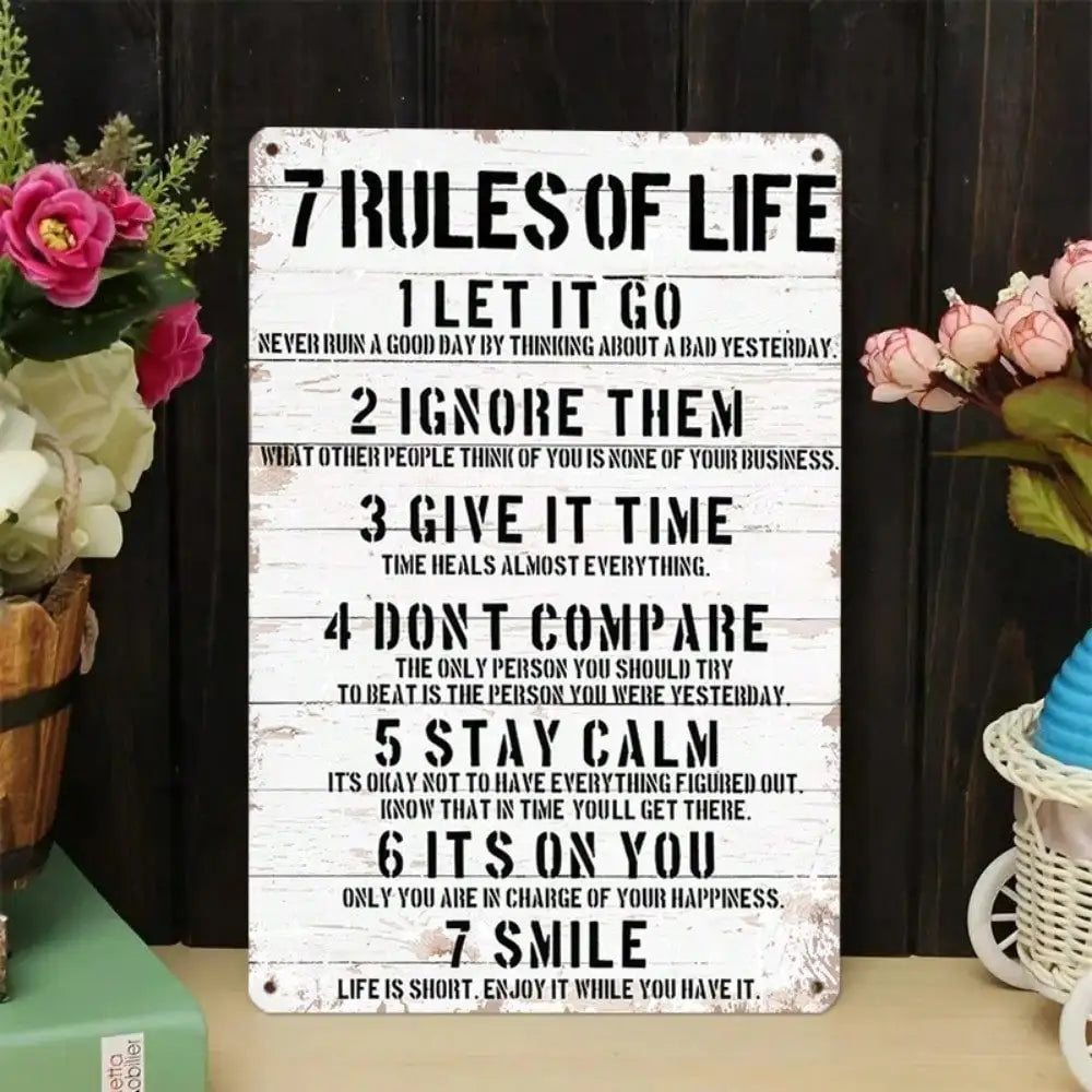 1PC Motivational Tin Sign - "7 Rules of Life" Classic Text Design for Home & Office Decor, High-Quality Metal Gift