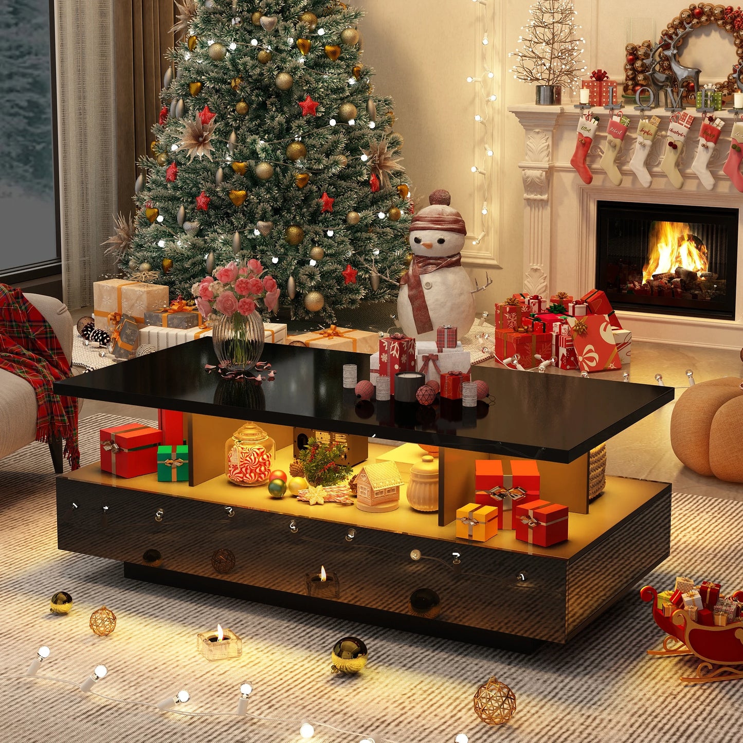 43 Inch LED Coffee Table w/2 Storage Drawers, Modern High Gloss Coffee Table w/Display Shelf, Rectangle 2-Tier Center Table