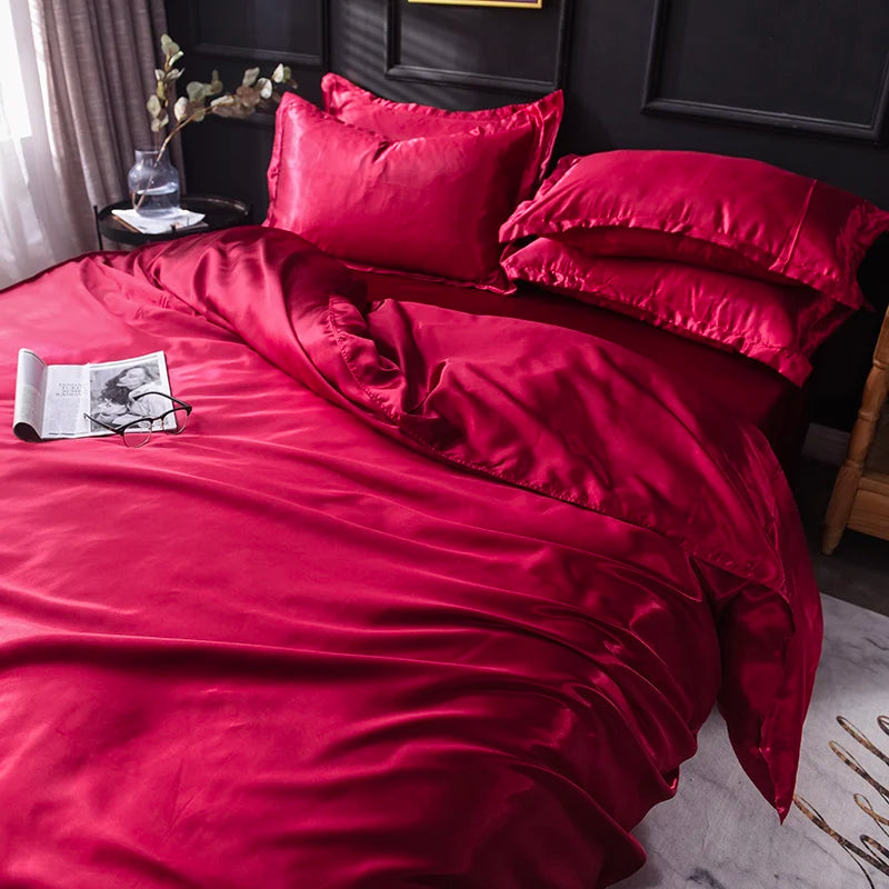 Solid Silk Bedding Set with Bed Sheet Duvet Cover Pillowcase Satin Single Couple Bedsheet King Queen Double Twin Size
