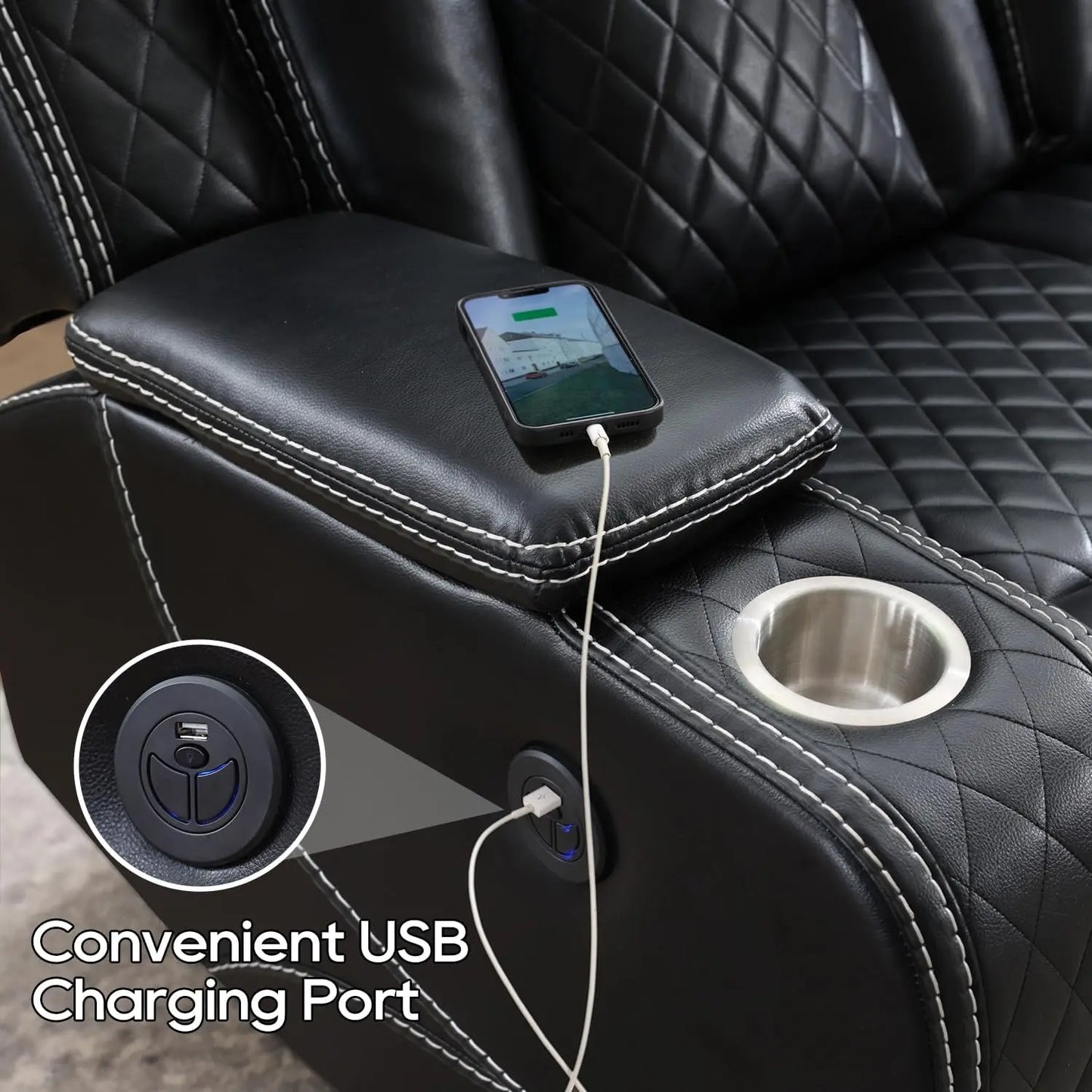 TODRANI Power Reclining Sofa 0 Gravity w/ Wireless Charger,LED Floor Lights,Reading Light, Drop-down Table USB/Type-C Port(070)