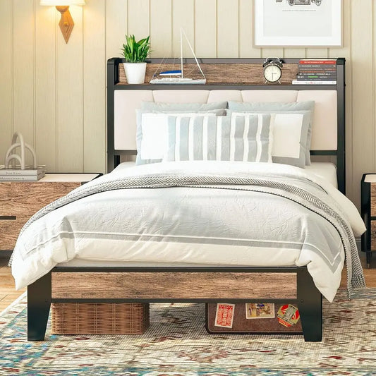 LIKIMIO Twin Bed Frames,Storage Headboard with Charging Station,Solid and Stable, Noise Free, Easy Assembly,No Box Spring Needed