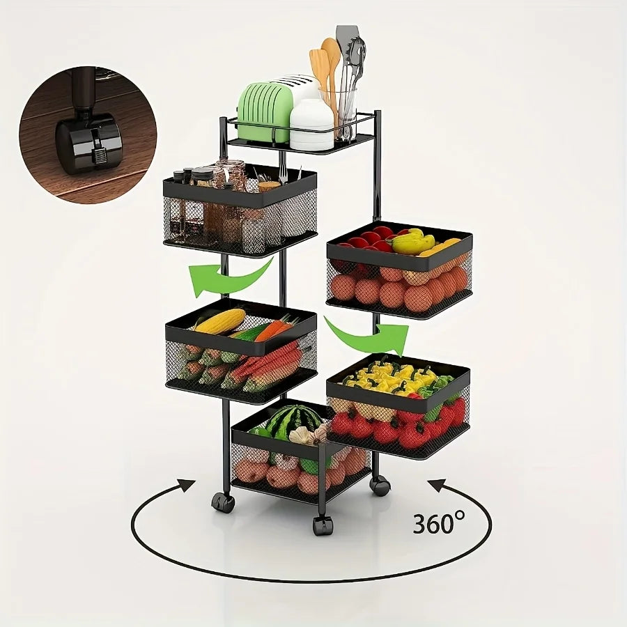 Kitchen Storage Shelf, Rotating 5-Tier Metal Fruit Vegetable Basket, Multi-Layer Storage Trolley on Wheels