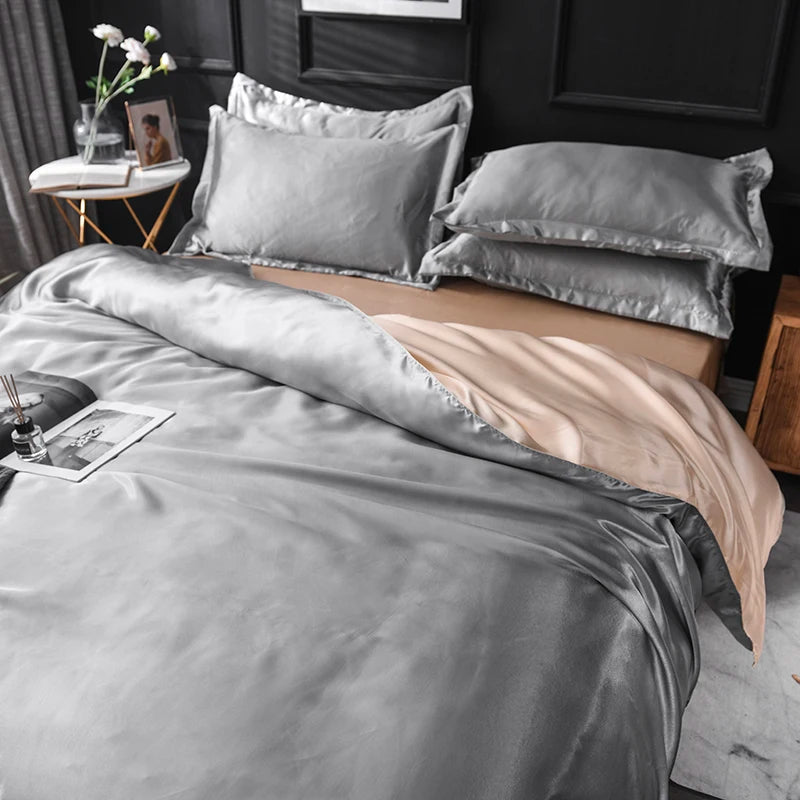 Solid Silk Bedding Set with Bed Sheet Duvet Cover Pillowcase Satin Single Couple Bedsheet King Queen Double Twin Size