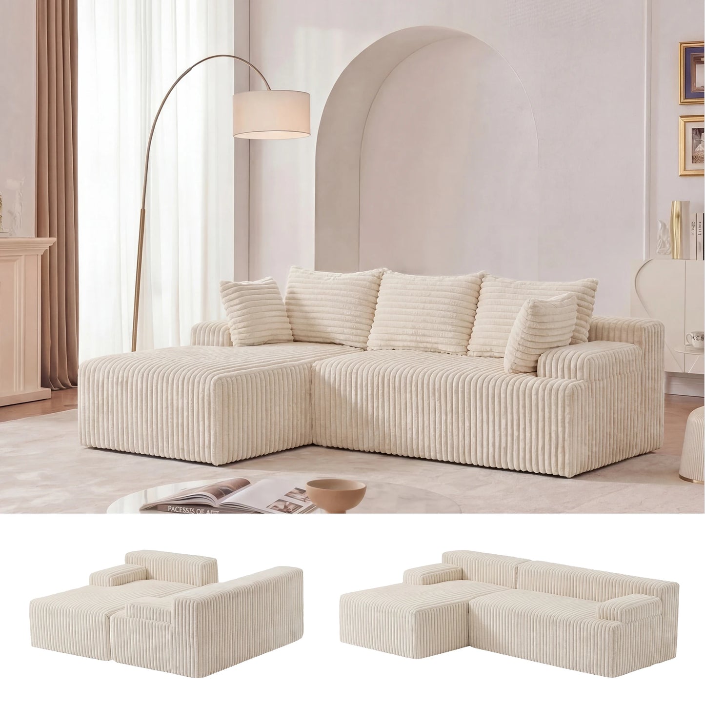 Redlife L-Shape Corduroy Sectional Sofa,Cloud-Like Couch,Boneless Couches, No Assembly Required,Deep Seat, for Living Room