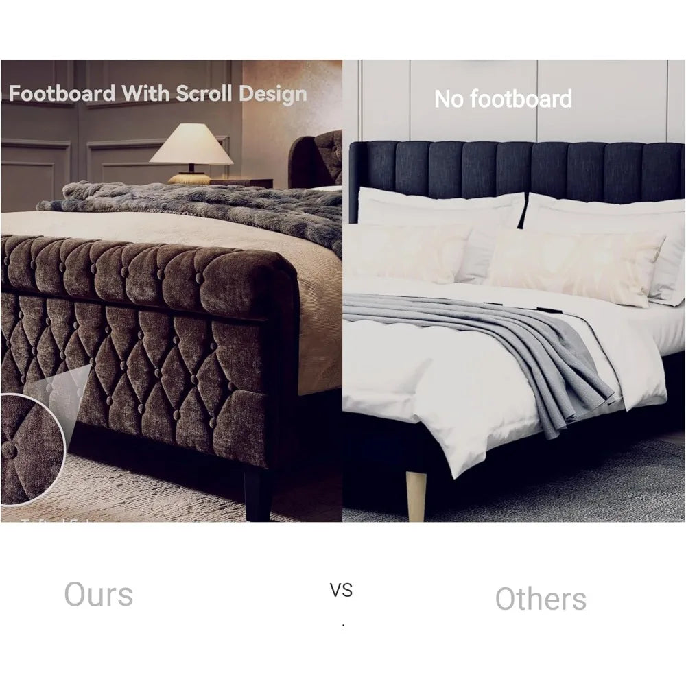 Queen Size Sleigh Bed Frame with Wingback Headboard, Chenille Upholstered Platform Bed Frame with Scroll Footboard,Customized