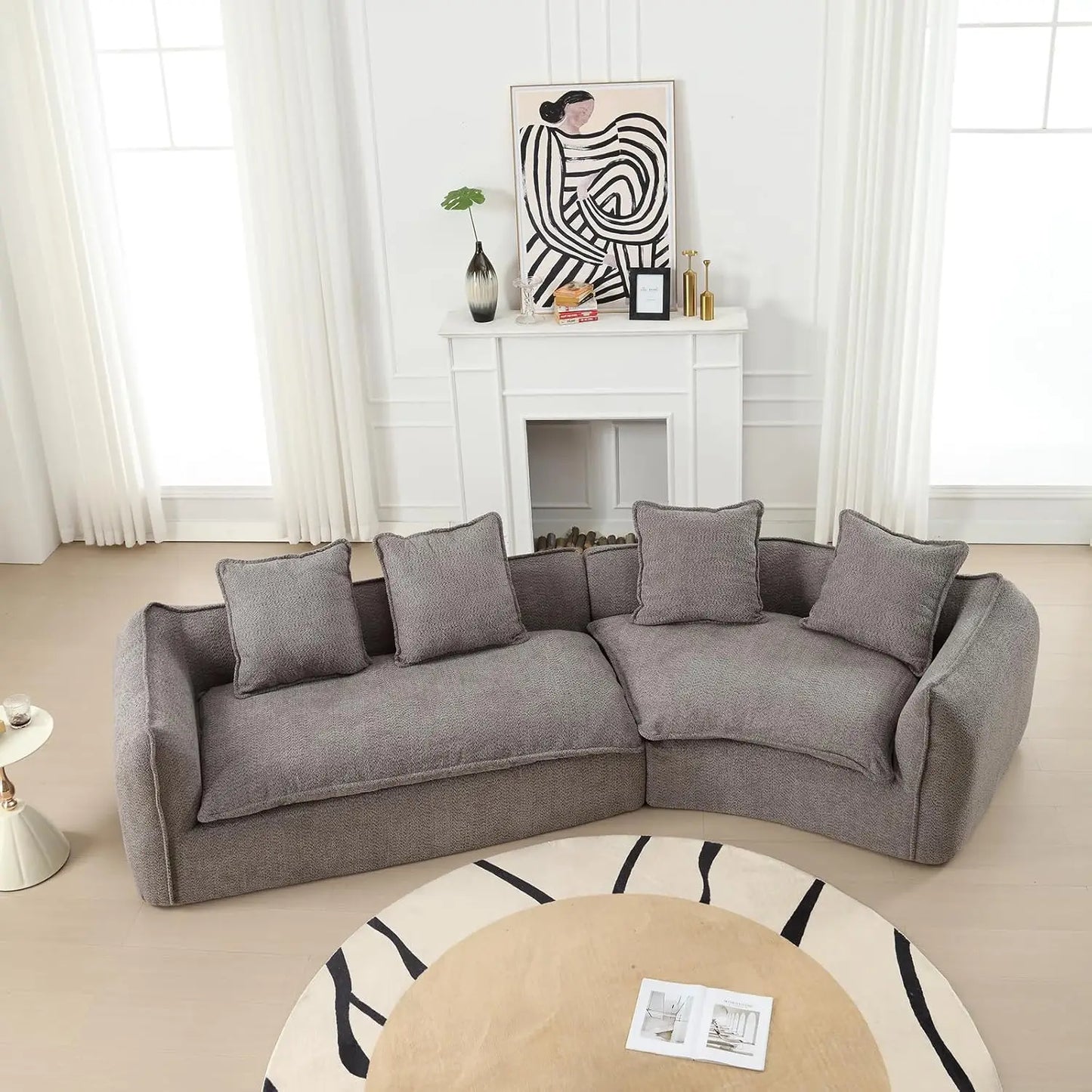 129.9" Modular Sectional Sofa with 4 Throw Pillow, Fabric Modern 5 Seat Round Shaped Convertible Sofa for Living, Customized