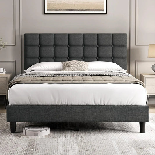Upholstered Bed Frame, Modern Queen Bed Platform with Square Stitched&Button Tufting Headboard Height Adjustable