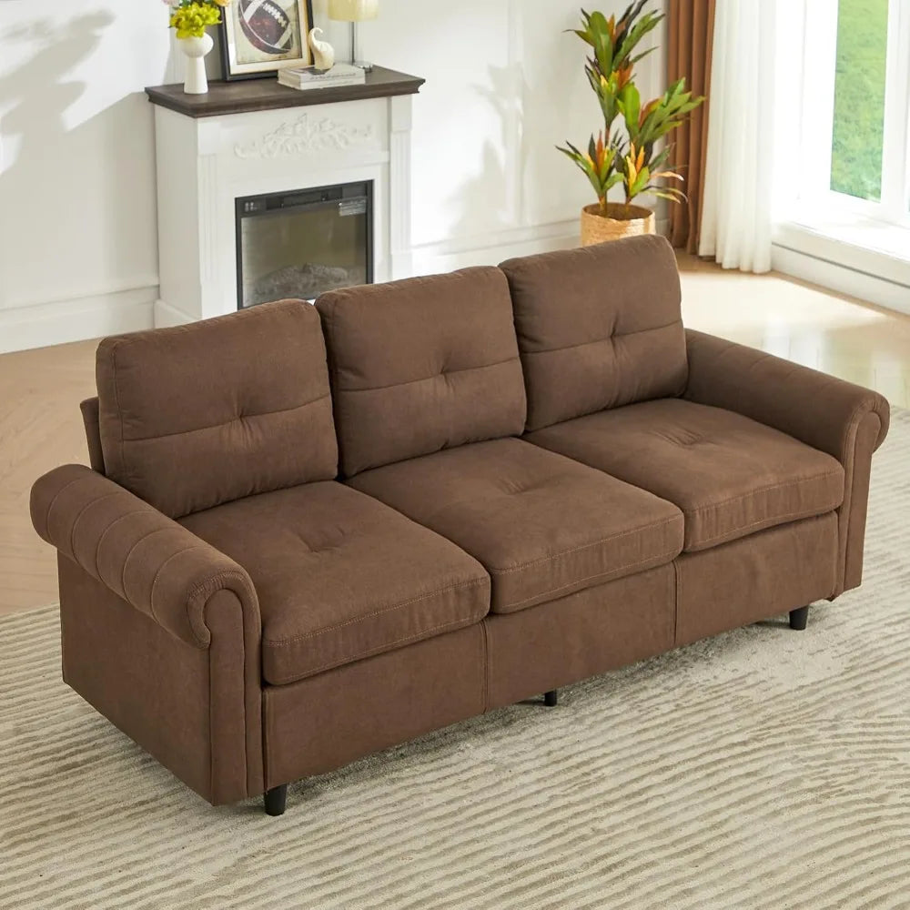 81.1" 3-Seater Fabric Sofa, Modern Brown Living Room Couch with Rolled Arms and Stitch-Tufted Cushions, Comfortable Upholstered